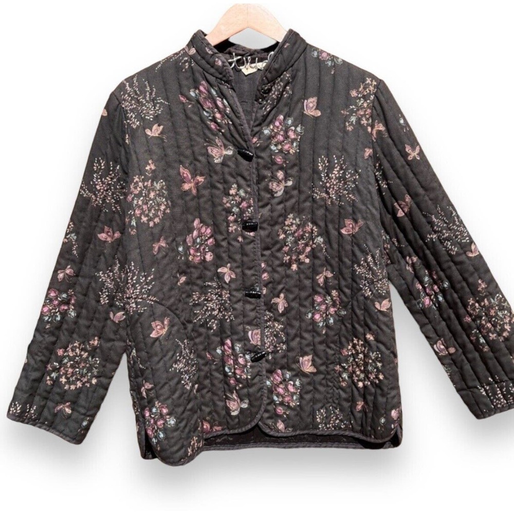 Vintage Jon Woods Quilted Butterfly Jacket Grey Purple Pink Floral Asian Look